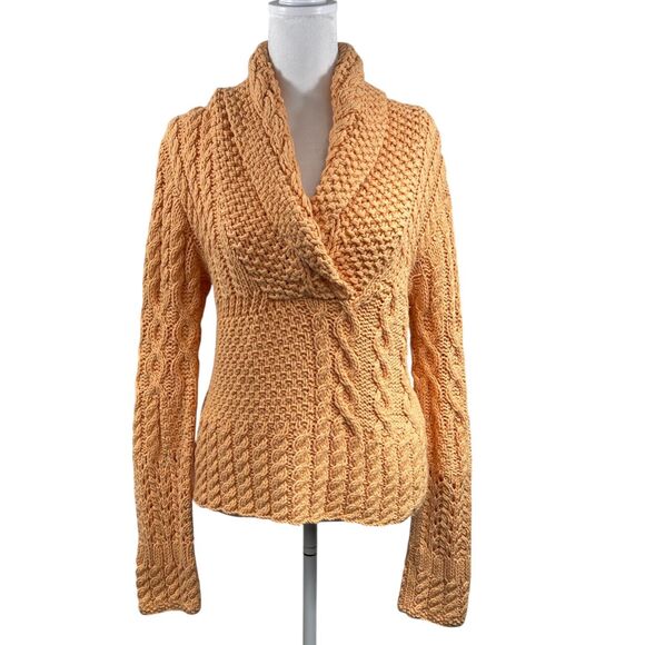 Dkny Sweaters - City DKNY Chunky Orange Fisherman Cable Knit Sweater L Shawl Collar Babydoll Y2K